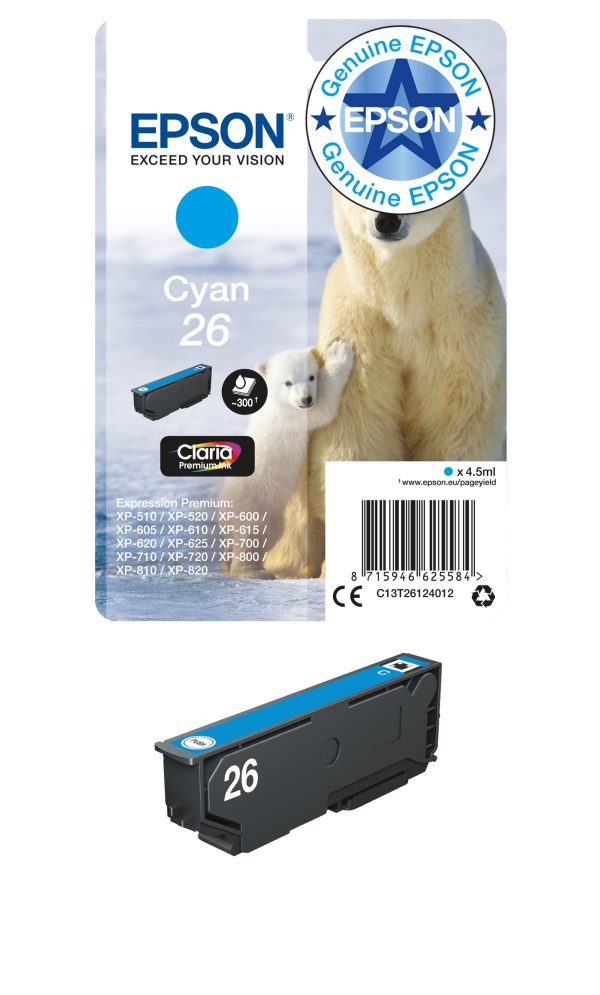 Bojë Epson 26 Cyan (C13T26124012), 4.5 ml, 300 faqe